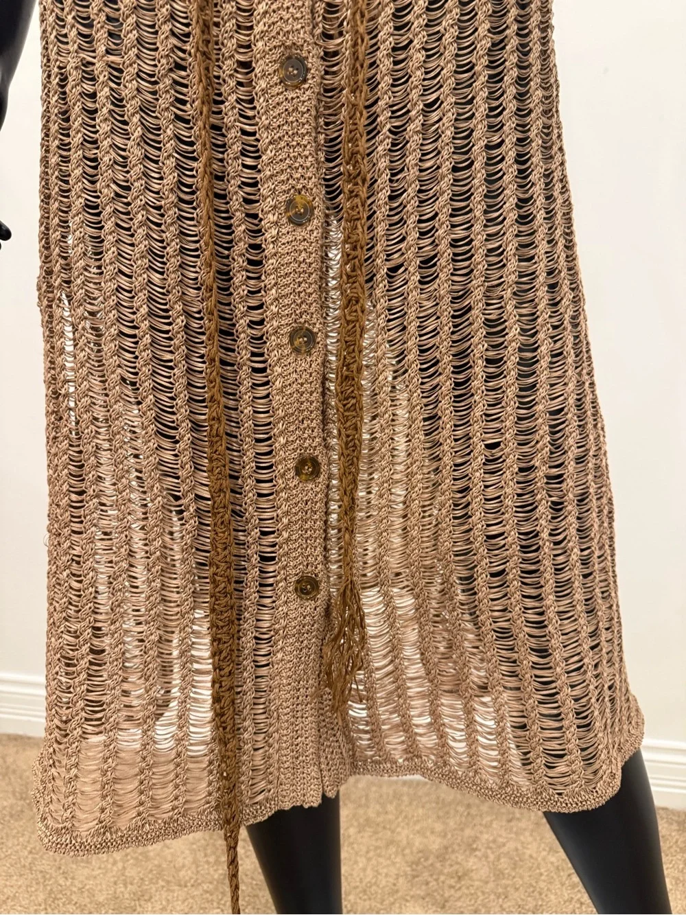 Solid & Striped Crochet Knit Beach Cover Up Skirt Raffia Look Button Front Tie S